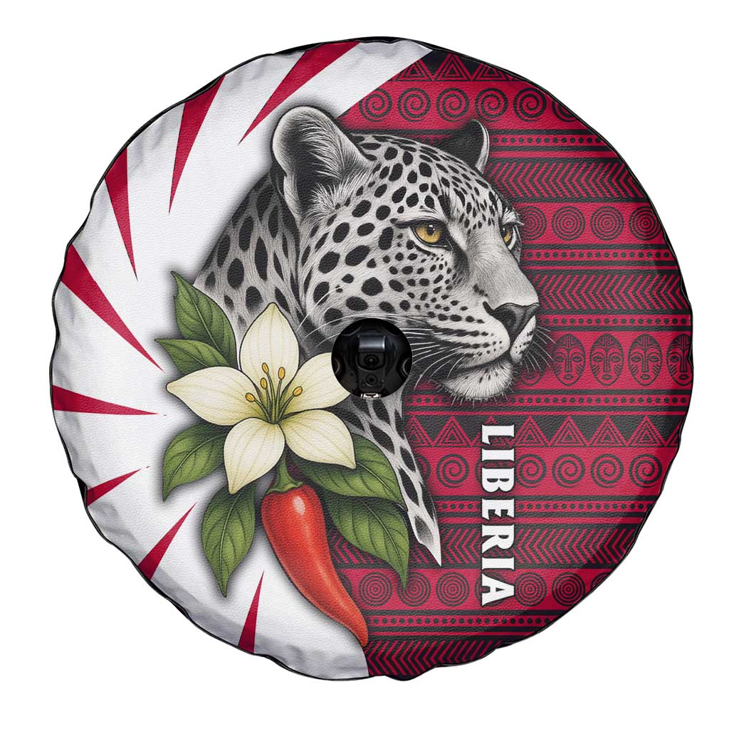 Liberia Spare Tire Cover with Leopard Head, White Lily, and Red Chili Tribal Design - Wonder Print Shop