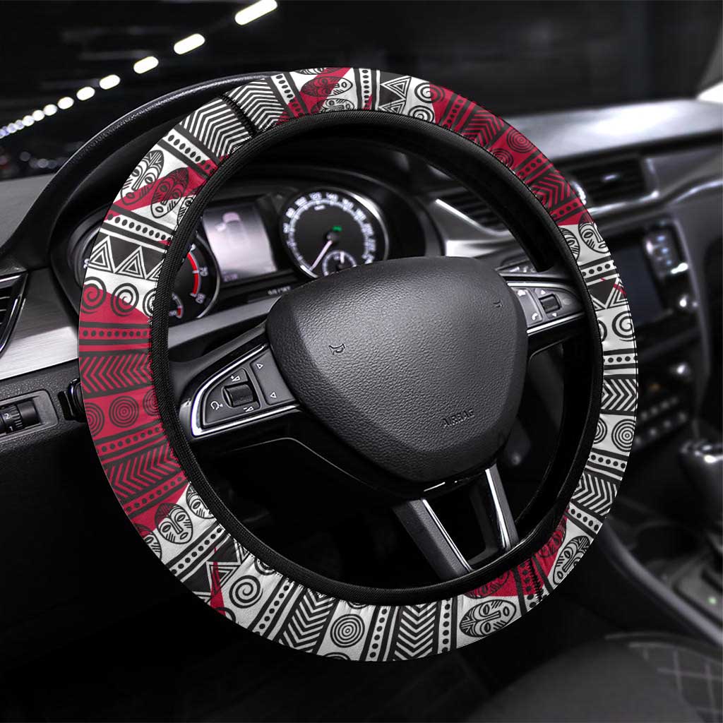 Liberia Steering Wheel Cover with Leopard Head, White Lily, and Red Chili Tribal Design - Wonder Print Shop