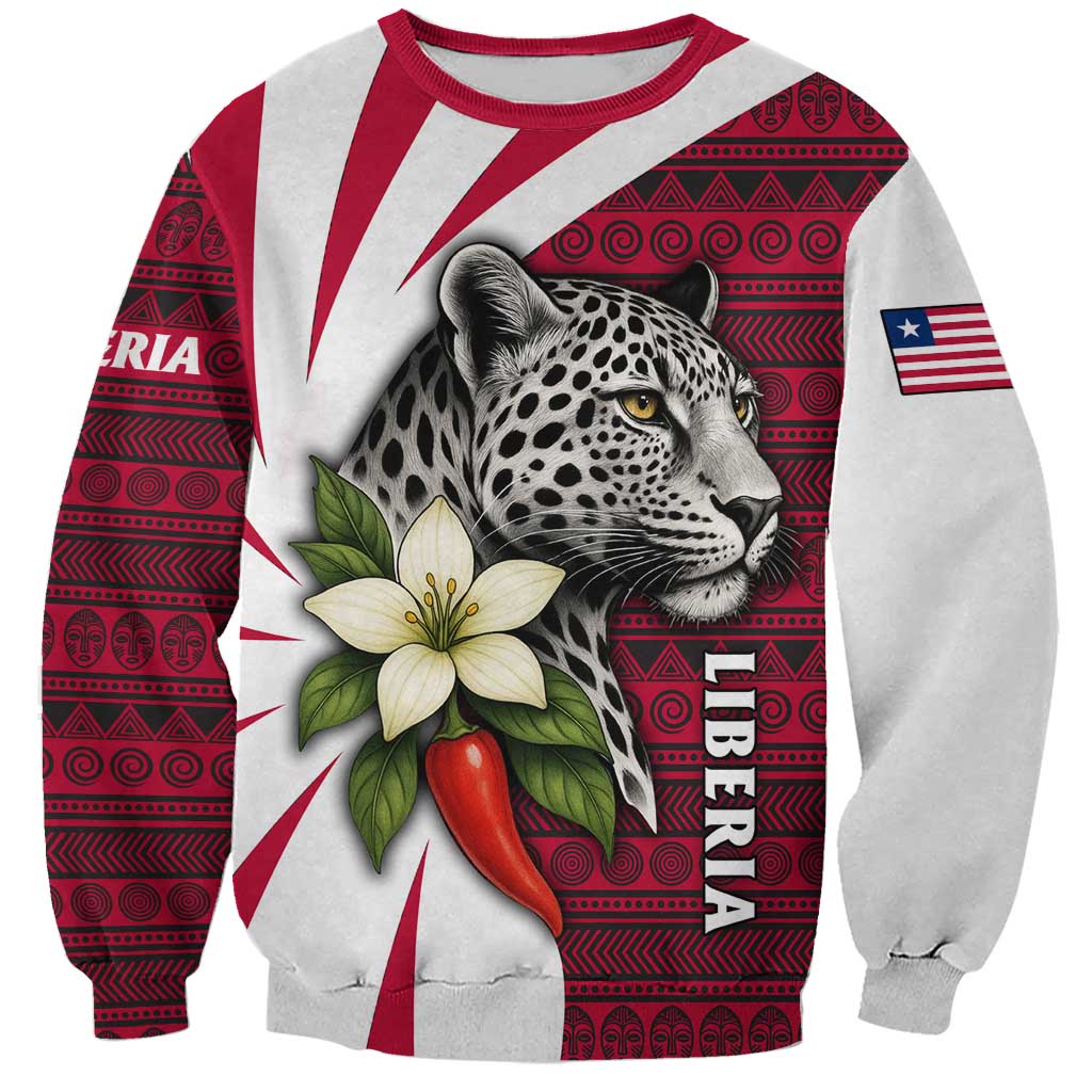 Liberia Sweatshirt with Leopard Head, White Lily, and Red Chili Tribal Design - Wonder Print Shop