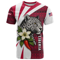 Liberia T Shirt with Leopard Head, White Lily, and Red Chili Tribal Design - Wonder Print Shop