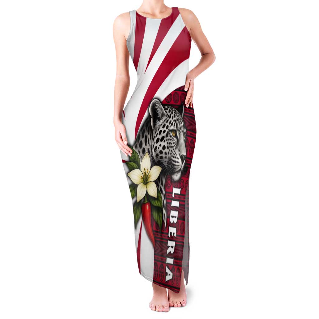 Liberia Tank Maxi Dress with Leopard Head, White Lily, and Red Chili Tribal Design - Wonder Print Shop
