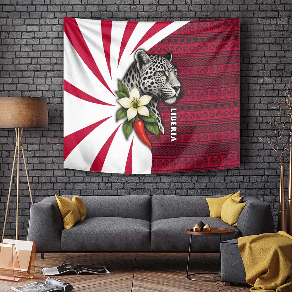 Liberia Tapestry with Leopard Head, White Lily, and Red Chili Tribal Design - Wonder Print Shop