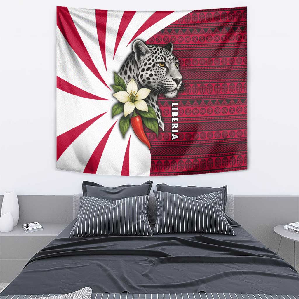 Liberia Tapestry with Leopard Head, White Lily, and Red Chili Tribal Design - Wonder Print Shop