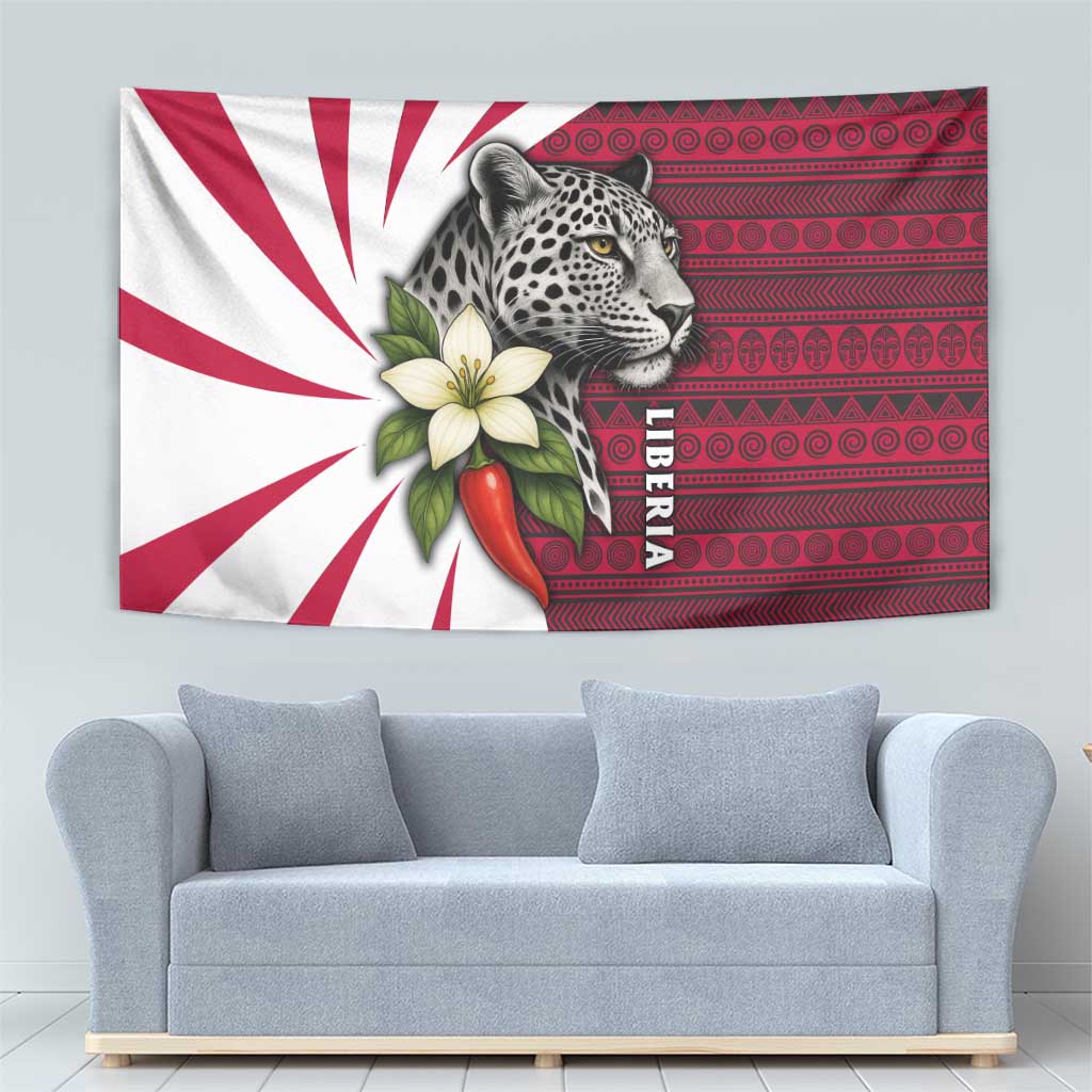 Liberia Tapestry with Leopard Head, White Lily, and Red Chili Tribal Design - Wonder Print Shop