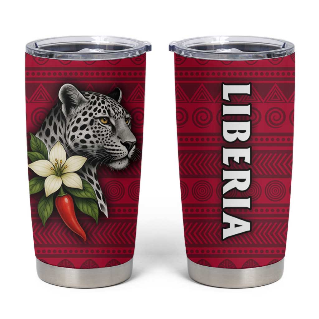 Liberia Tumbler Cup with Leopard Head, White Lily, and Red Chili Tribal Design - Wonder Print Shop