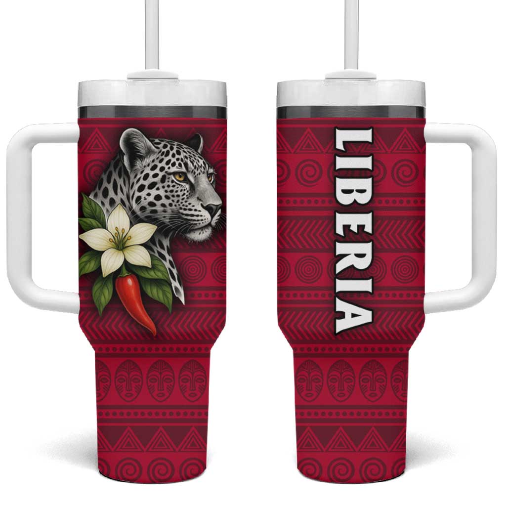 Liberia Tumbler With Handle with Leopard Head, White Lily, and Red Chili Tribal Design - Wonder Print Shop