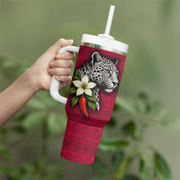 Liberia Tumbler With Handle with Leopard Head, White Lily, and Red Chili Tribal Design - Wonder Print Shop