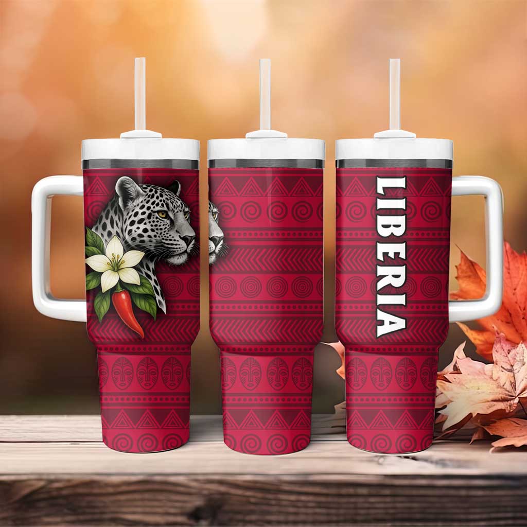Liberia Tumbler With Handle with Leopard Head, White Lily, and Red Chili Tribal Design - Wonder Print Shop
