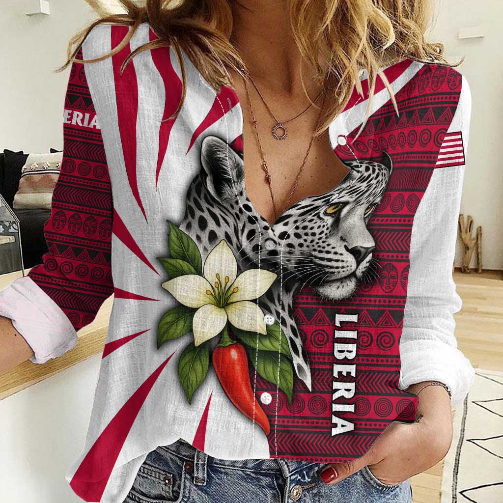 Liberia Women Casual Shirt with Leopard Head, White Lily, and Red Chili Tribal Design - Wonder Print Shop