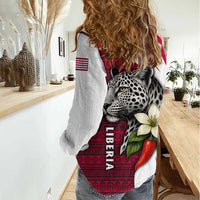 Liberia Women Casual Shirt with Leopard Head, White Lily, and Red Chili Tribal Design - Wonder Print Shop
