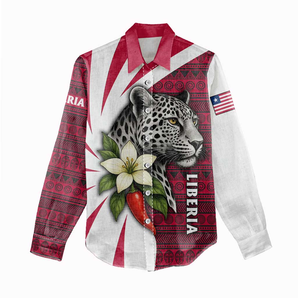 Liberia Women Casual Shirt with Leopard Head, White Lily, and Red Chili Tribal Design - Wonder Print Shop