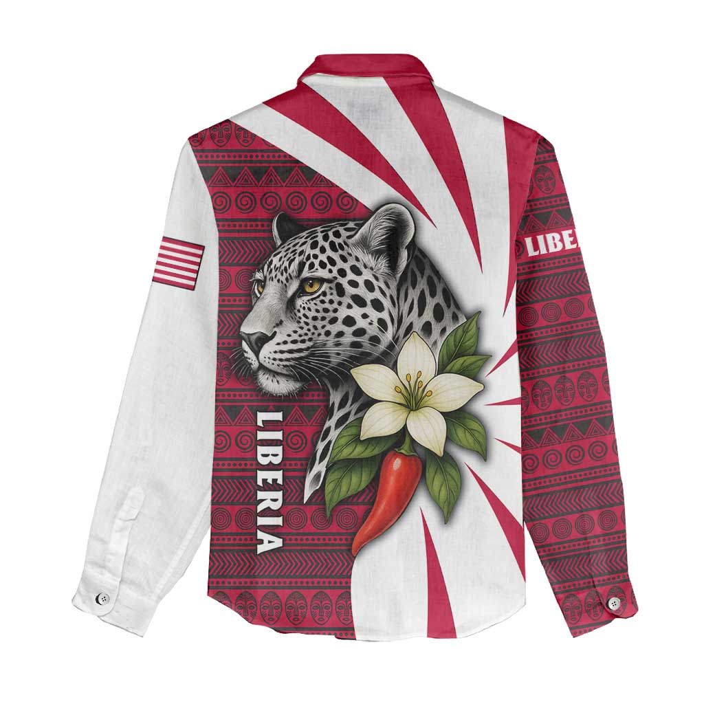 Liberia Women Casual Shirt with Leopard Head, White Lily, and Red Chili Tribal Design - Wonder Print Shop