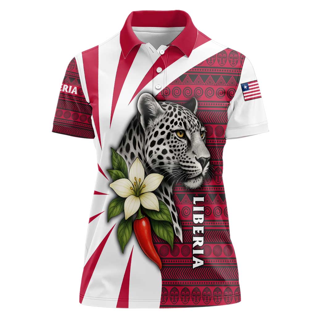 Liberia Women Polo Shirt with Leopard Head, White Lily, and Red Chili Tribal Design - Wonder Print Shop