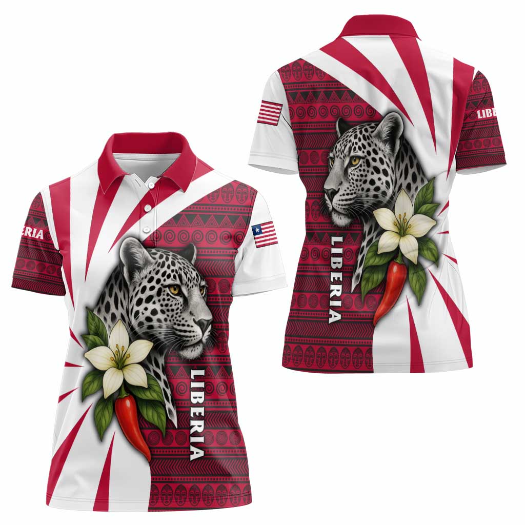 Liberia Women Polo Shirt with Leopard Head, White Lily, and Red Chili Tribal Design - Wonder Print Shop