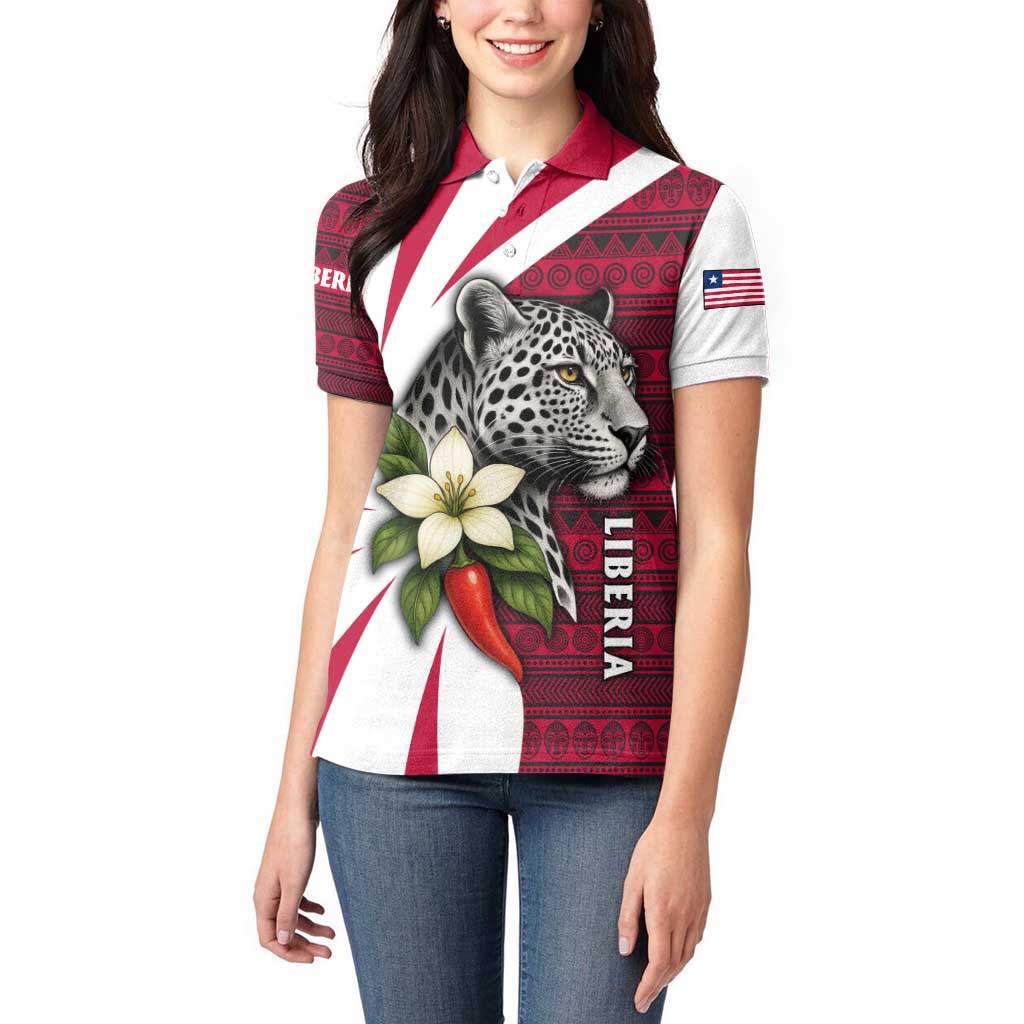 Liberia Women Polo Shirt with Leopard Head, White Lily, and Red Chili Tribal Design - Wonder Print Shop