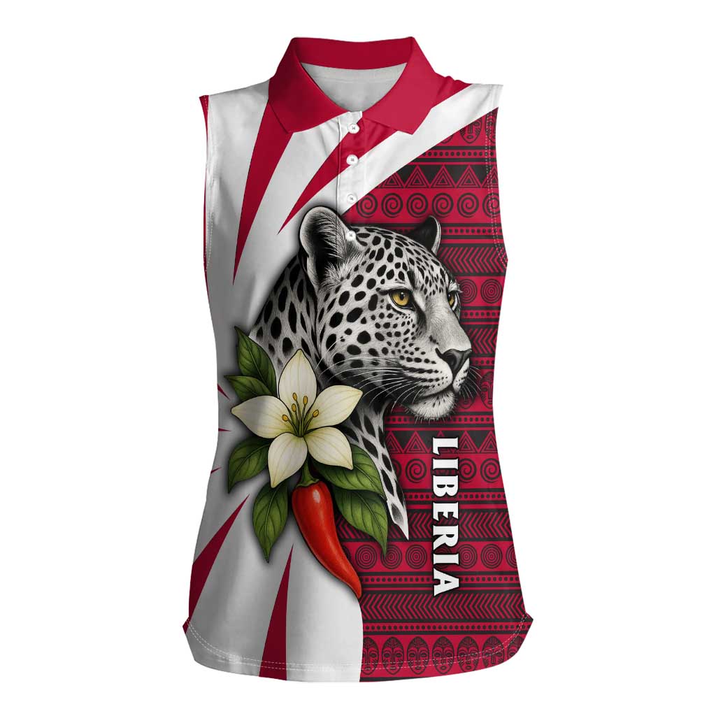 Liberia Women Sleeveless Polo Shirt with Leopard Head, White Lily, and Red Chili Tribal Design - Wonder Print Shop