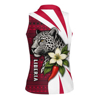 Liberia Women Sleeveless Polo Shirt with Leopard Head, White Lily, and Red Chili Tribal Design - Wonder Print Shop