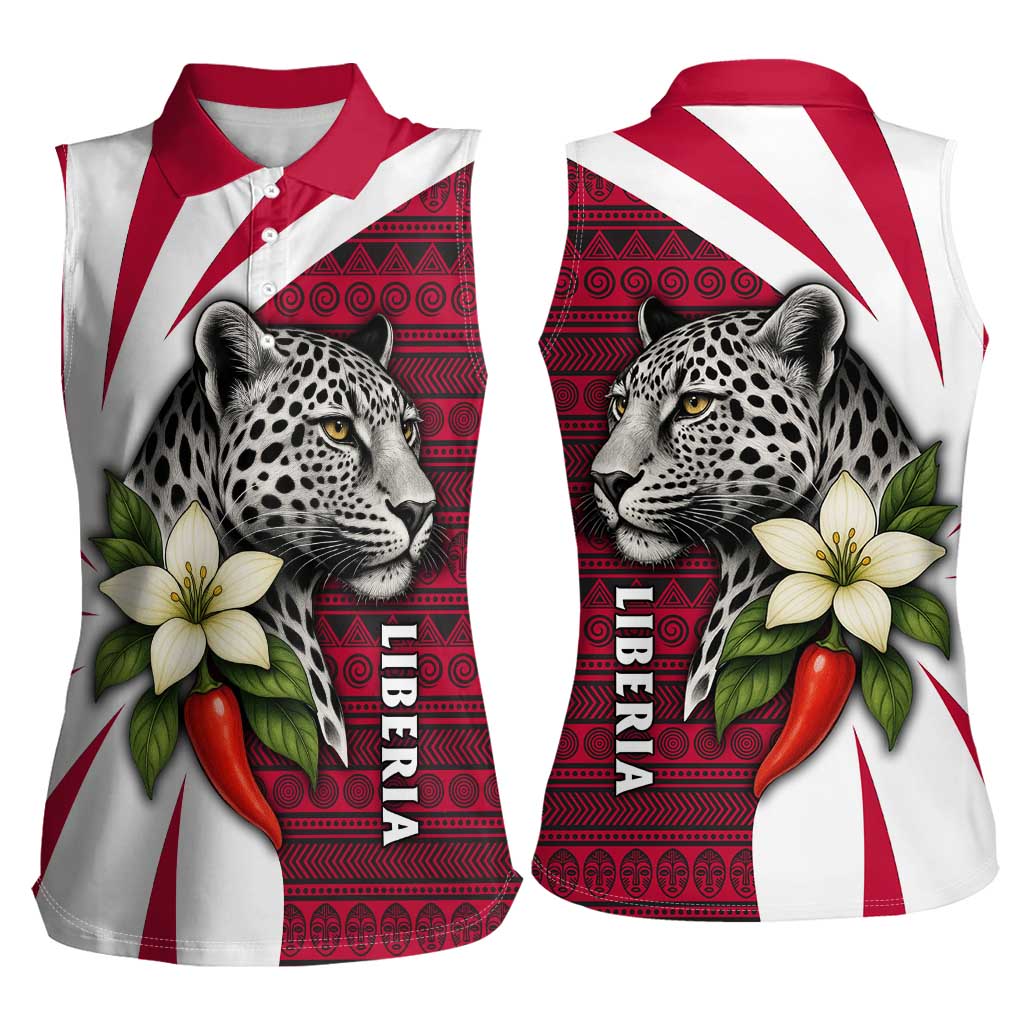 Liberia Women Sleeveless Polo Shirt with Leopard Head, White Lily, and Red Chili Tribal Design - Wonder Print Shop
