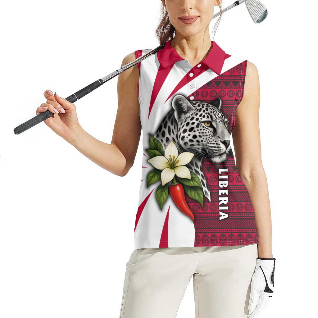 Liberia Women Sleeveless Polo Shirt with Leopard Head, White Lily, and Red Chili Tribal Design - Wonder Print Shop