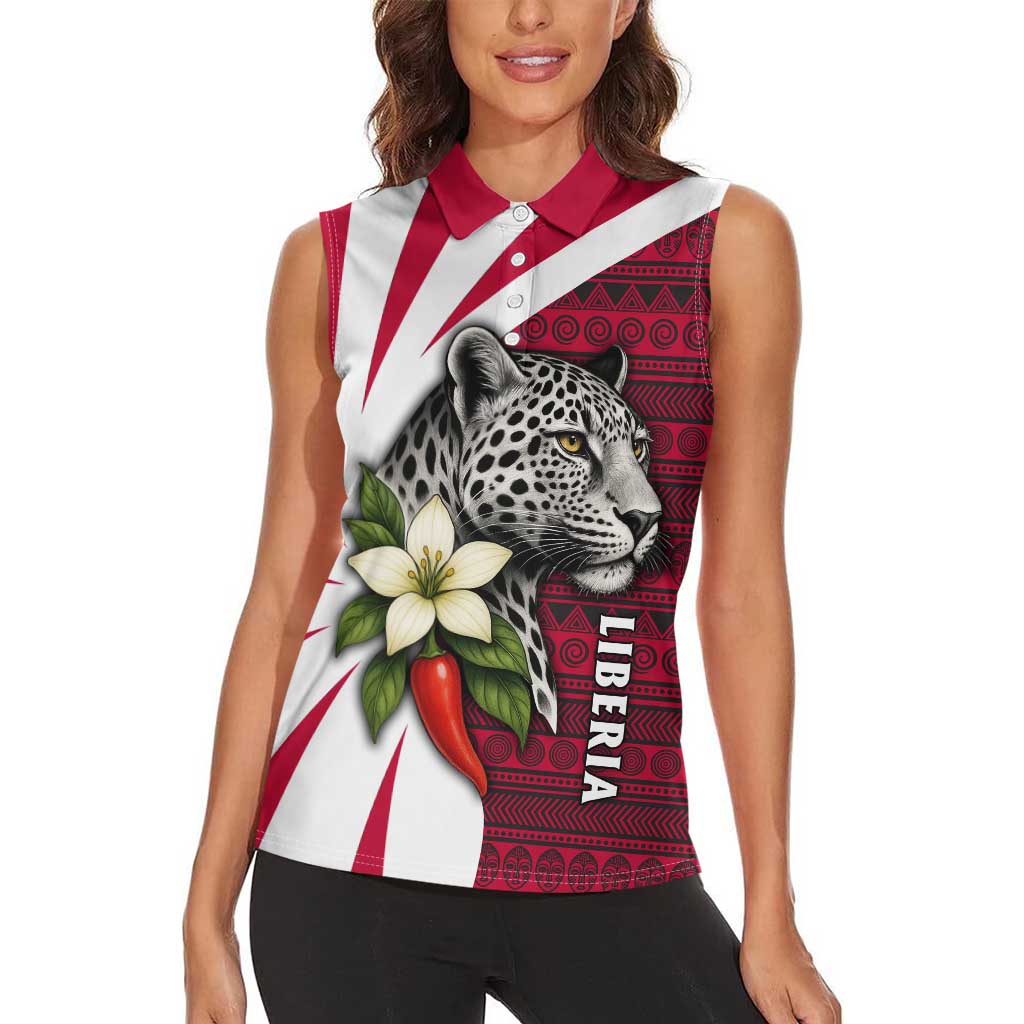 Liberia Women Sleeveless Polo Shirt with Leopard Head, White Lily, and Red Chili Tribal Design - Wonder Print Shop