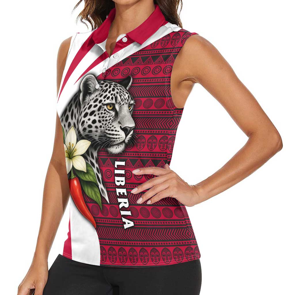 Liberia Women Sleeveless Polo Shirt with Leopard Head, White Lily, and Red Chili Tribal Design - Wonder Print Shop