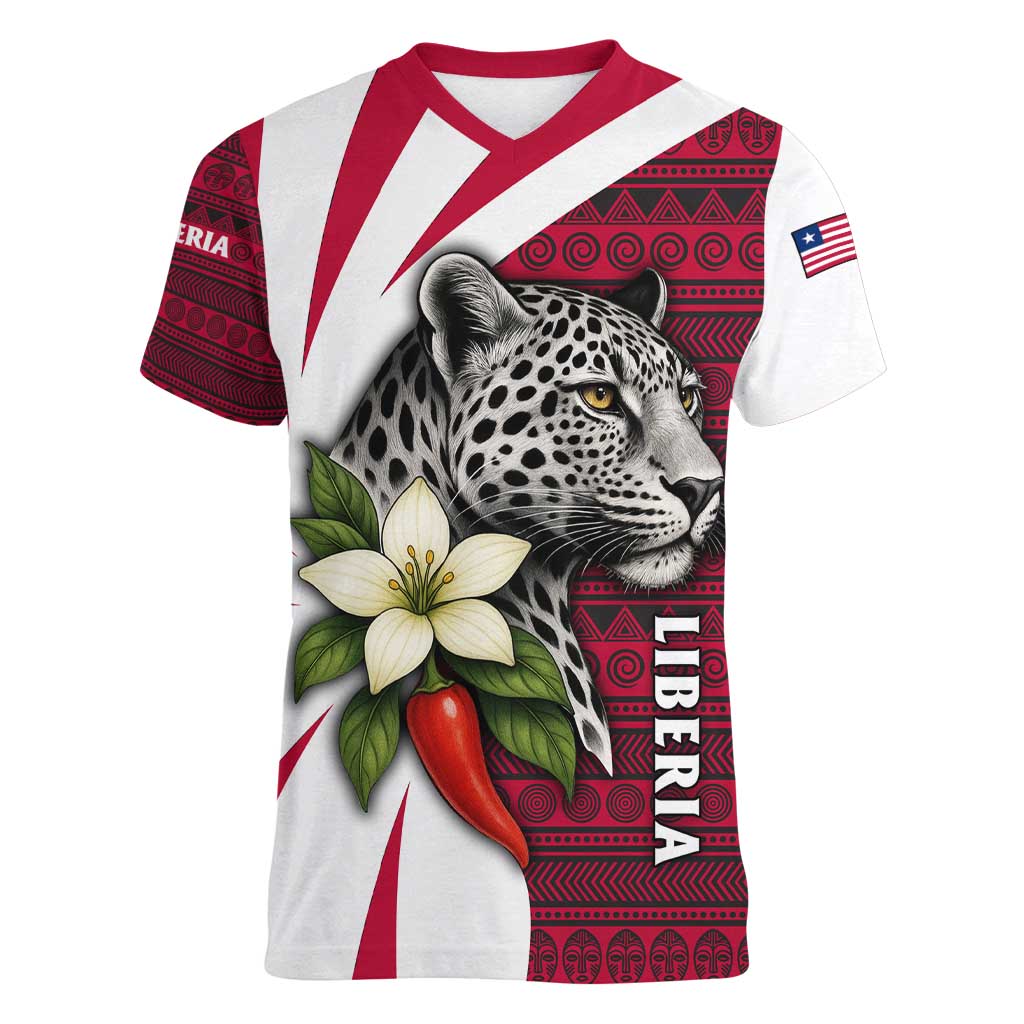 Liberia Women V-Neck T-Shirt with Leopard Head, White Lily, and Red Chili Tribal Design - Wonder Print Shop