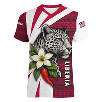 Liberia Women V-Neck T-Shirt with Leopard Head, White Lily, and Red Chili Tribal Design - Wonder Print Shop