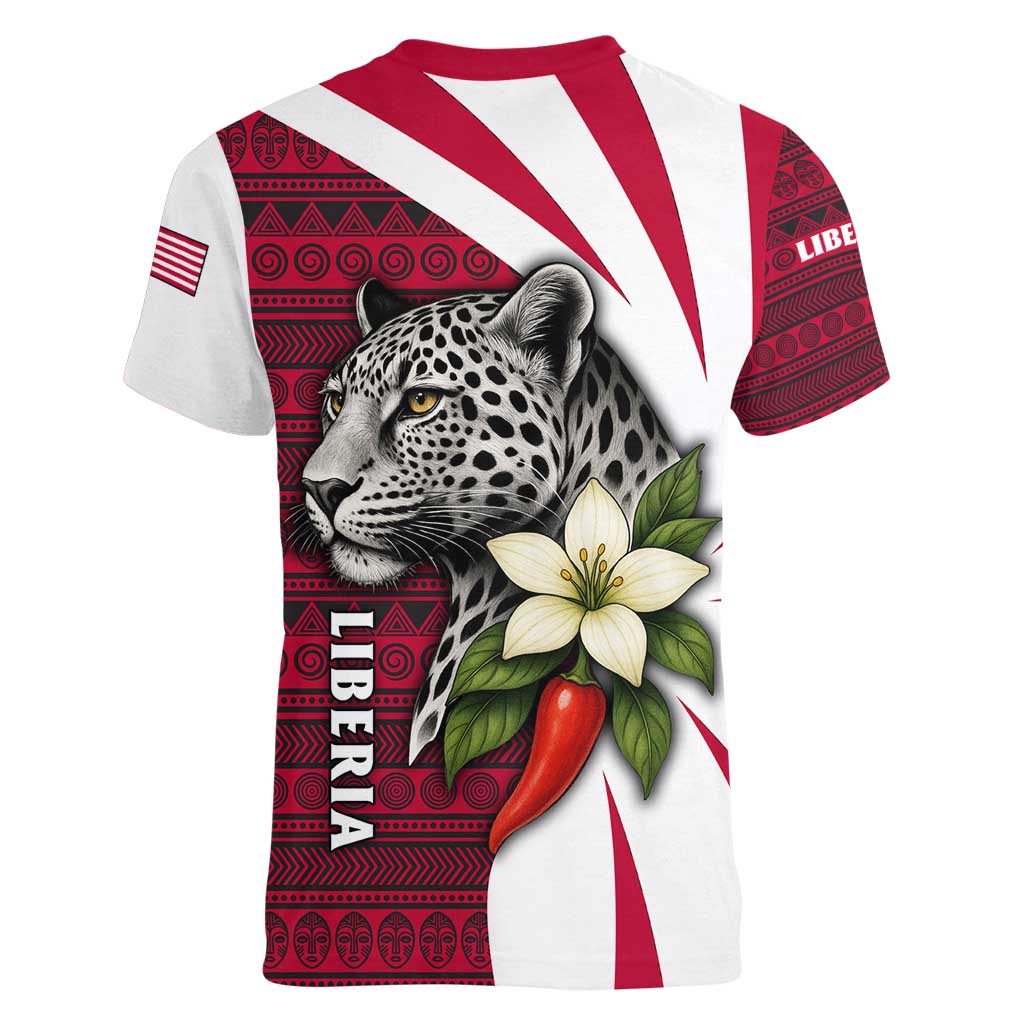 Liberia Women V-Neck T-Shirt with Leopard Head, White Lily, and Red Chili Tribal Design - Wonder Print Shop