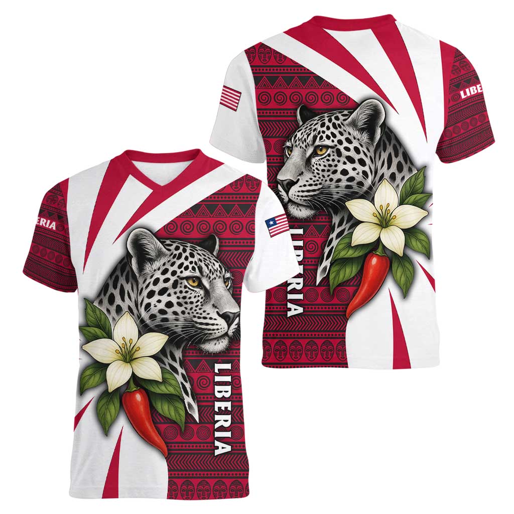 Liberia Women V-Neck T-Shirt with Leopard Head, White Lily, and Red Chili Tribal Design - Wonder Print Shop
