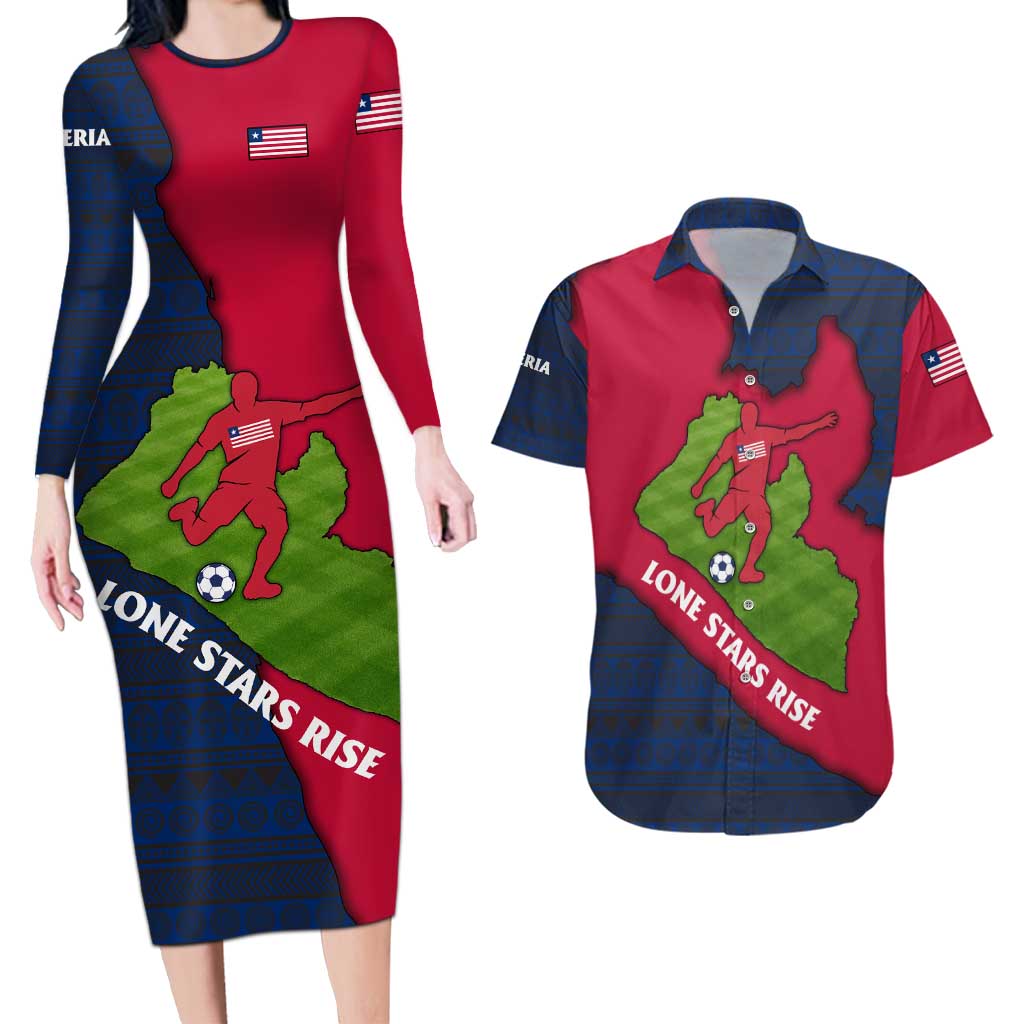 Liberia Lone Stars Rise Football Couples Matching Long Sleeve Bodycon Dress and Hawaiian Shirt with Map Graphic and National Flag Design