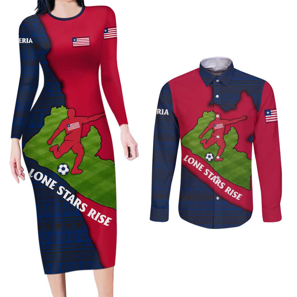 Liberia Lone Stars Rise Football Couples Matching Long Sleeve Bodycon Dress and Long Sleeve Button Shirt with Map Graphic and National Flag Design