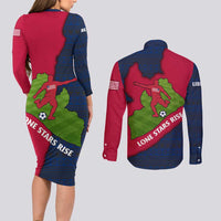 Liberia Lone Stars Rise Football Couples Matching Long Sleeve Bodycon Dress and Long Sleeve Button Shirt with Map Graphic and National Flag Design
