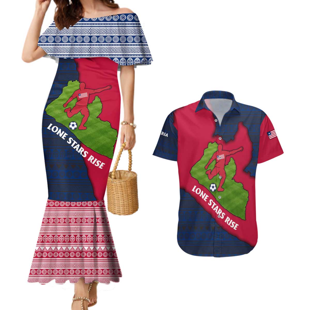 Liberia Lone Stars Rise Football Couples Matching Mermaid Dress and Hawaiian Shirt with Map Graphic and National Flag Design