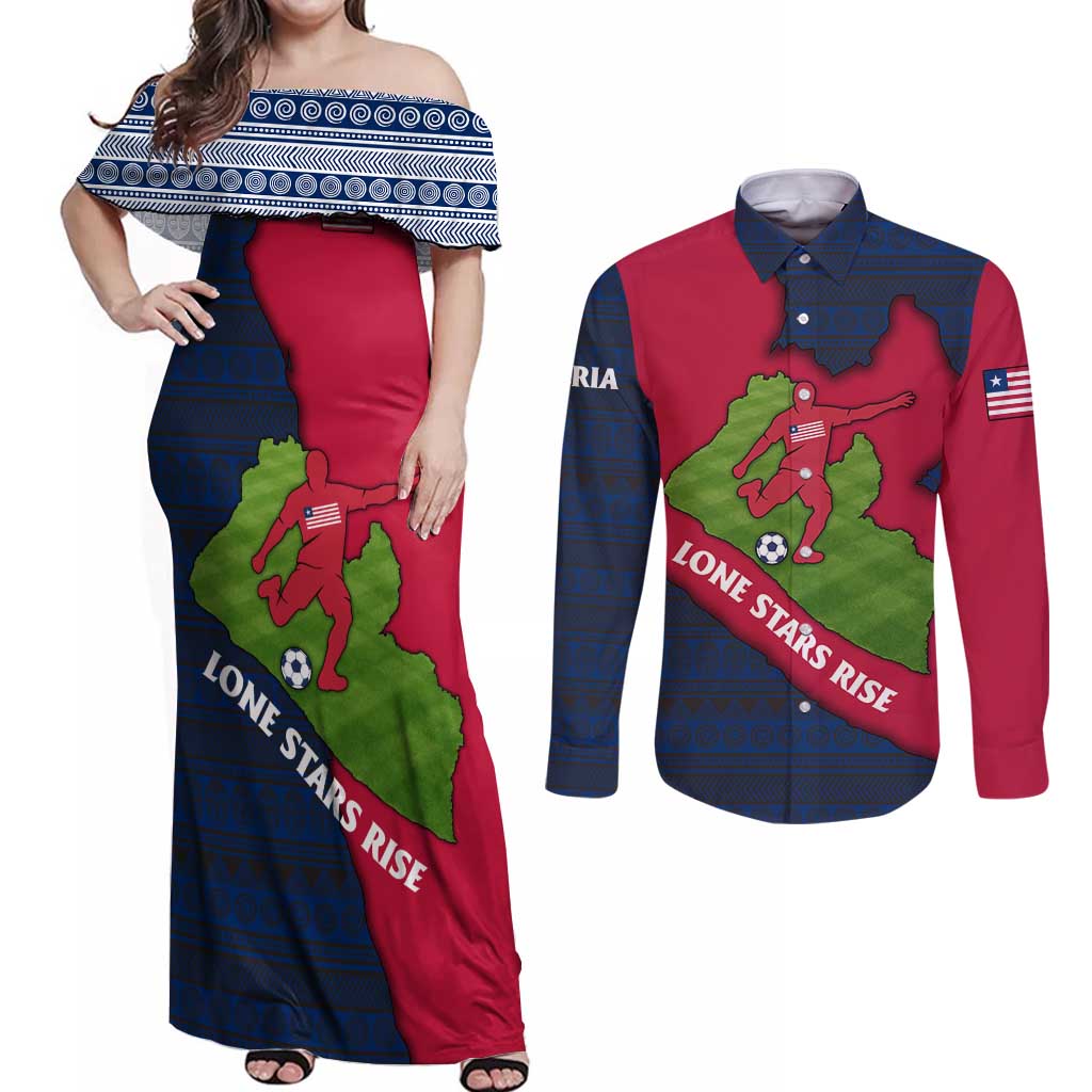 Liberia Lone Stars Rise Football Couples Matching Off Shoulder Maxi Dress and Long Sleeve Button Shirt with Map Graphic and National Flag Design
