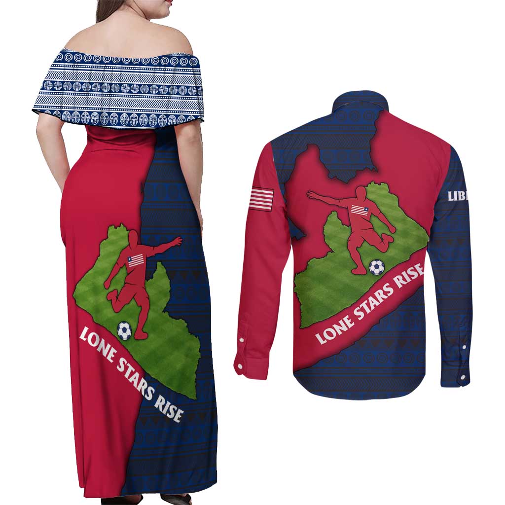 Liberia Lone Stars Rise Football Couples Matching Off Shoulder Maxi Dress and Long Sleeve Button Shirt with Map Graphic and National Flag Design