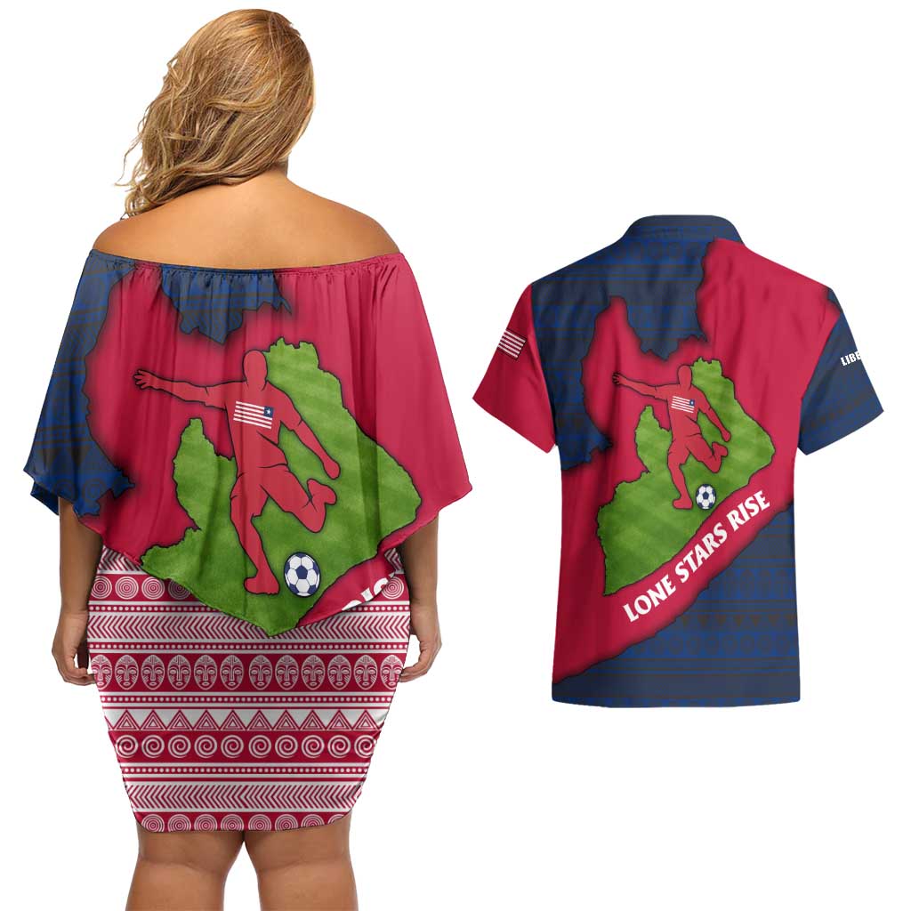 Liberia Lone Stars Rise Football Couples Matching Off Shoulder Short Dress and Hawaiian Shirt with Map Graphic and National Flag Design
