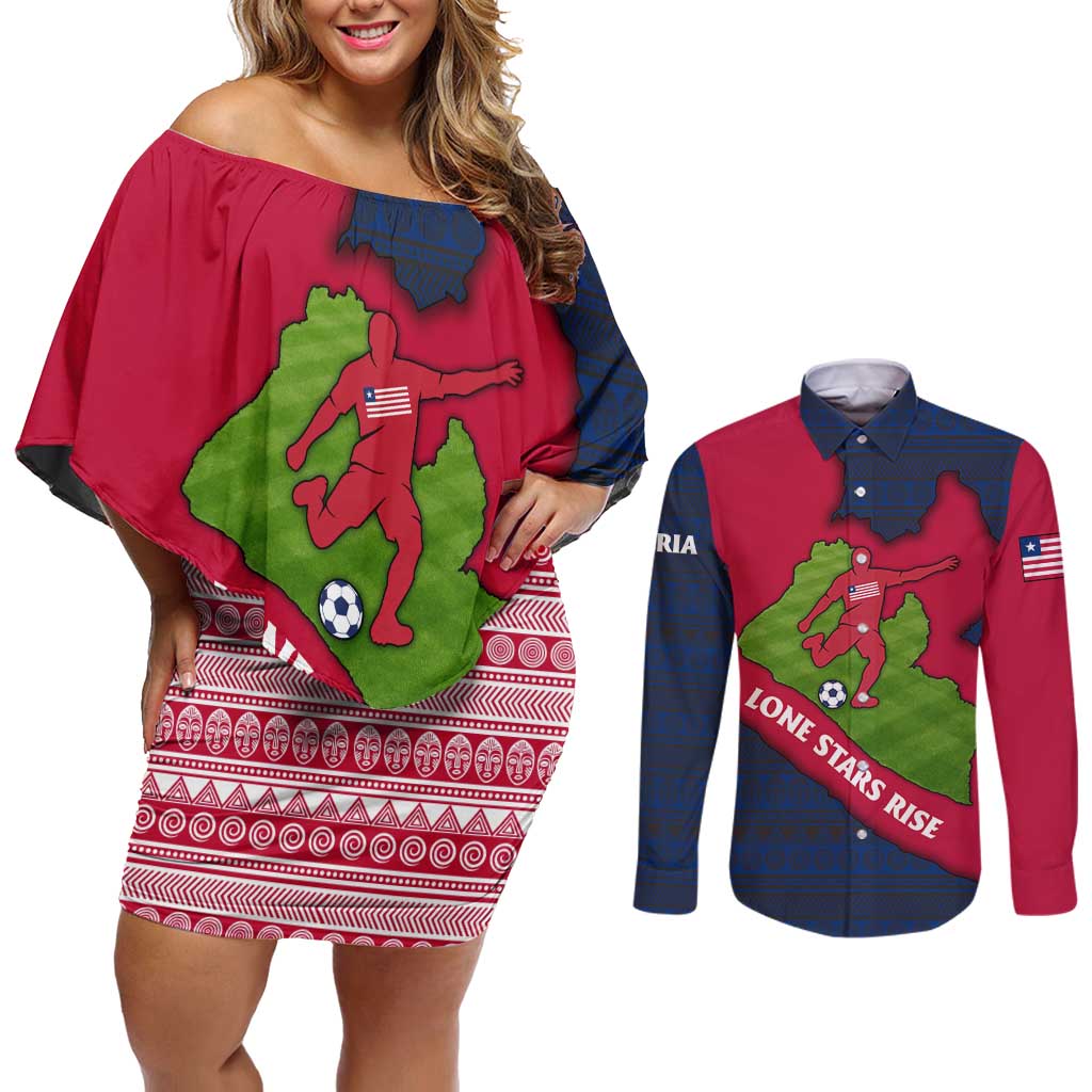 Liberia Lone Stars Rise Football Couples Matching Off Shoulder Short Dress and Long Sleeve Button Shirt with Map Graphic and National Flag Design