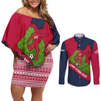 Liberia Lone Stars Rise Football Couples Matching Off Shoulder Short Dress and Long Sleeve Button Shirt with Map Graphic and National Flag Design