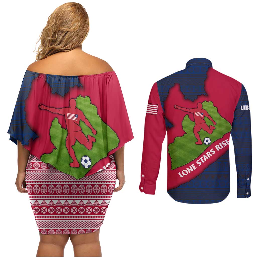 Liberia Lone Stars Rise Football Couples Matching Off Shoulder Short Dress and Long Sleeve Button Shirt with Map Graphic and National Flag Design