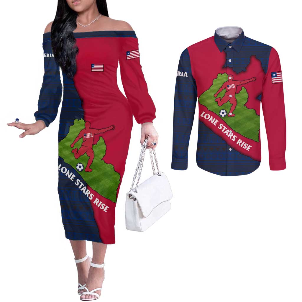 Liberia Lone Stars Rise Football Couples Matching Off The Shoulder Long Sleeve Dress and Long Sleeve Button Shirt with Map Graphic and National Flag Design