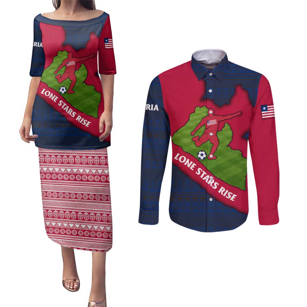 Liberia Lone Stars Rise Football Couples Matching Puletasi and Long Sleeve Button Shirt with Map Graphic and National Flag Design