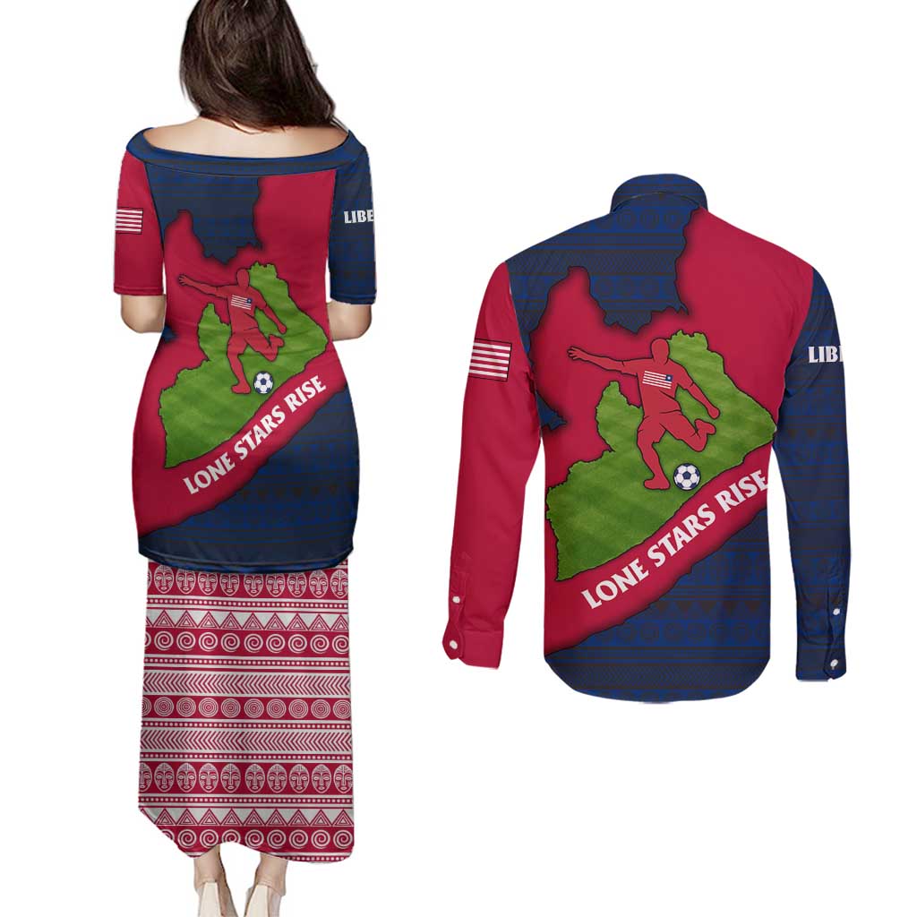 Liberia Lone Stars Rise Football Couples Matching Puletasi and Long Sleeve Button Shirt with Map Graphic and National Flag Design