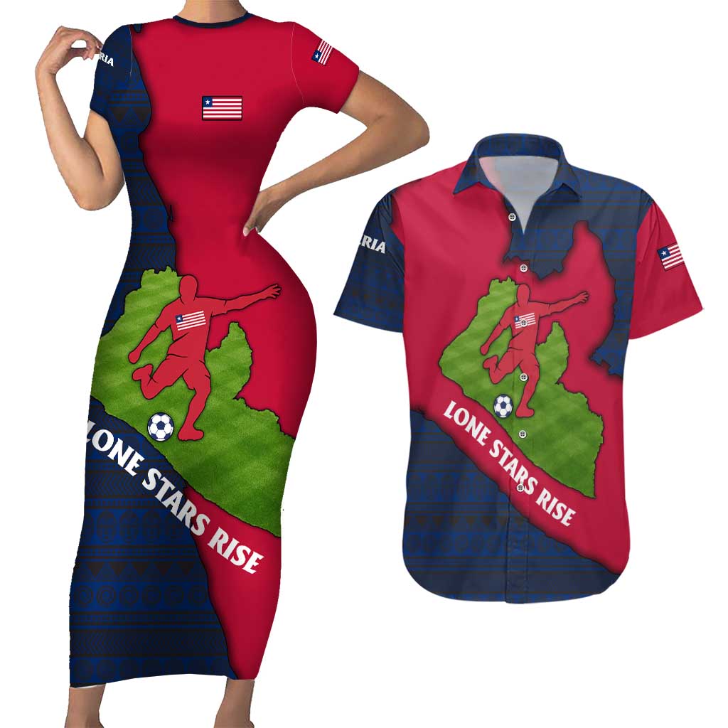 Liberia Lone Stars Rise Football Couples Matching Short Sleeve Bodycon Dress and Hawaiian Shirt with Map Graphic and National Flag Design