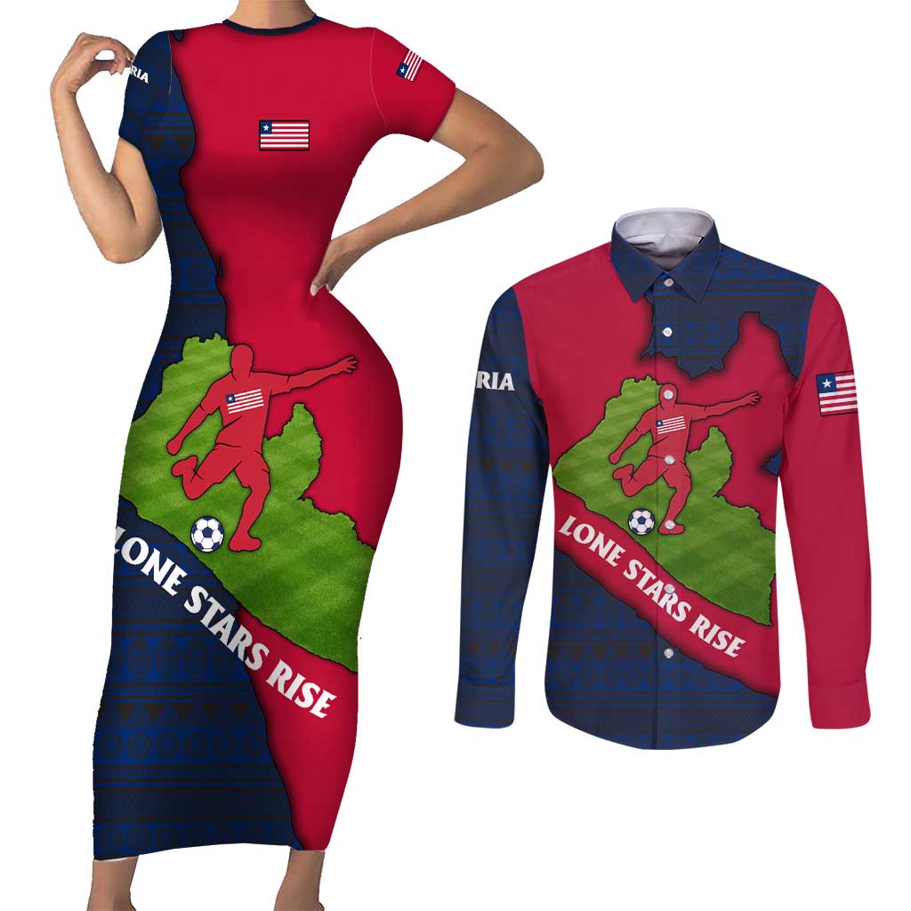 Liberia Lone Stars Rise Football Couples Matching Short Sleeve Bodycon Dress and Long Sleeve Button Shirt with Map Graphic and National Flag Design