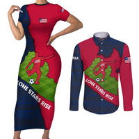 Liberia Lone Stars Rise Football Couples Matching Short Sleeve Bodycon Dress and Long Sleeve Button Shirt with Map Graphic and National Flag Design