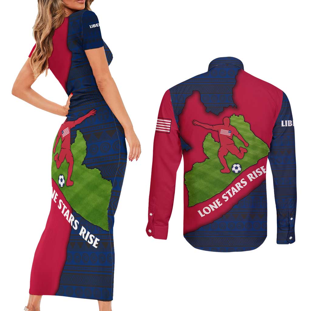 Liberia Lone Stars Rise Football Couples Matching Short Sleeve Bodycon Dress and Long Sleeve Button Shirt with Map Graphic and National Flag Design