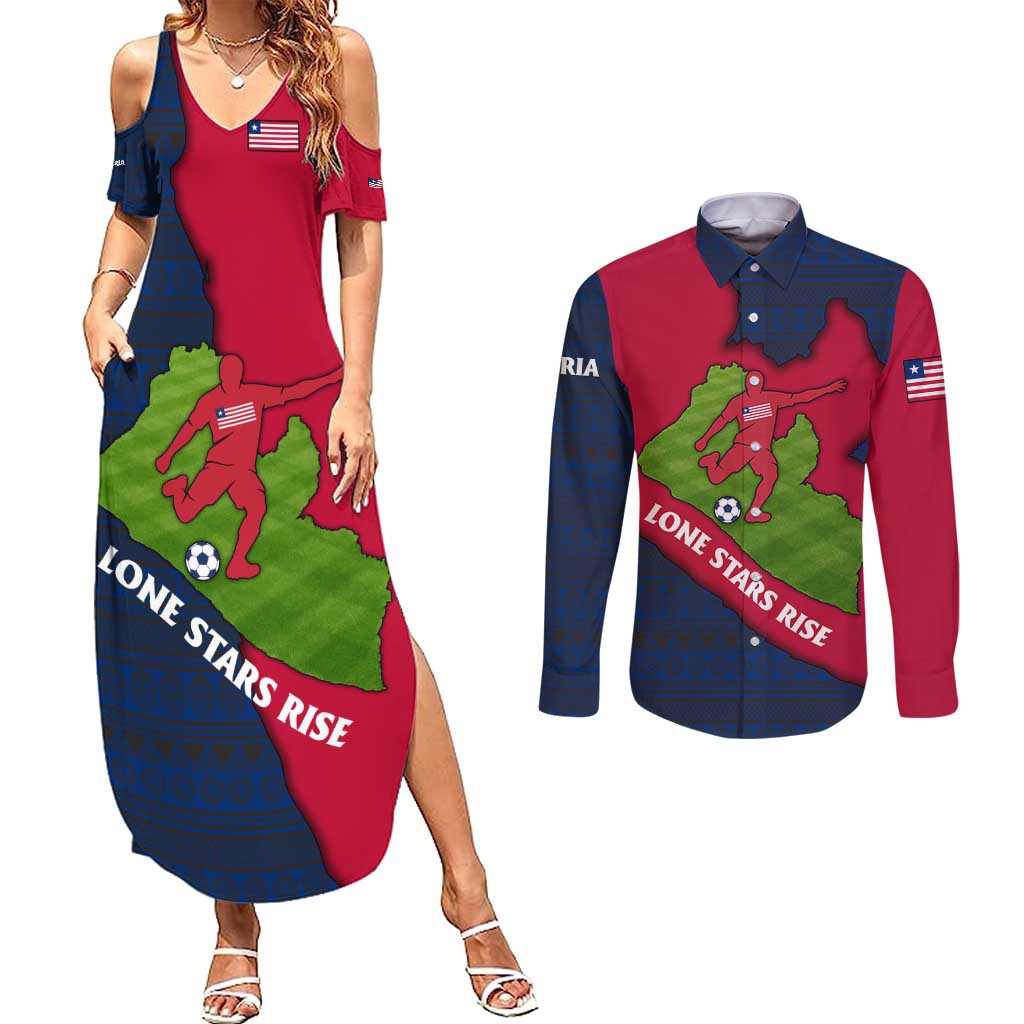 Liberia Lone Stars Rise Football Couples Matching Summer Maxi Dress and Long Sleeve Button Shirt with Map Graphic and National Flag Design