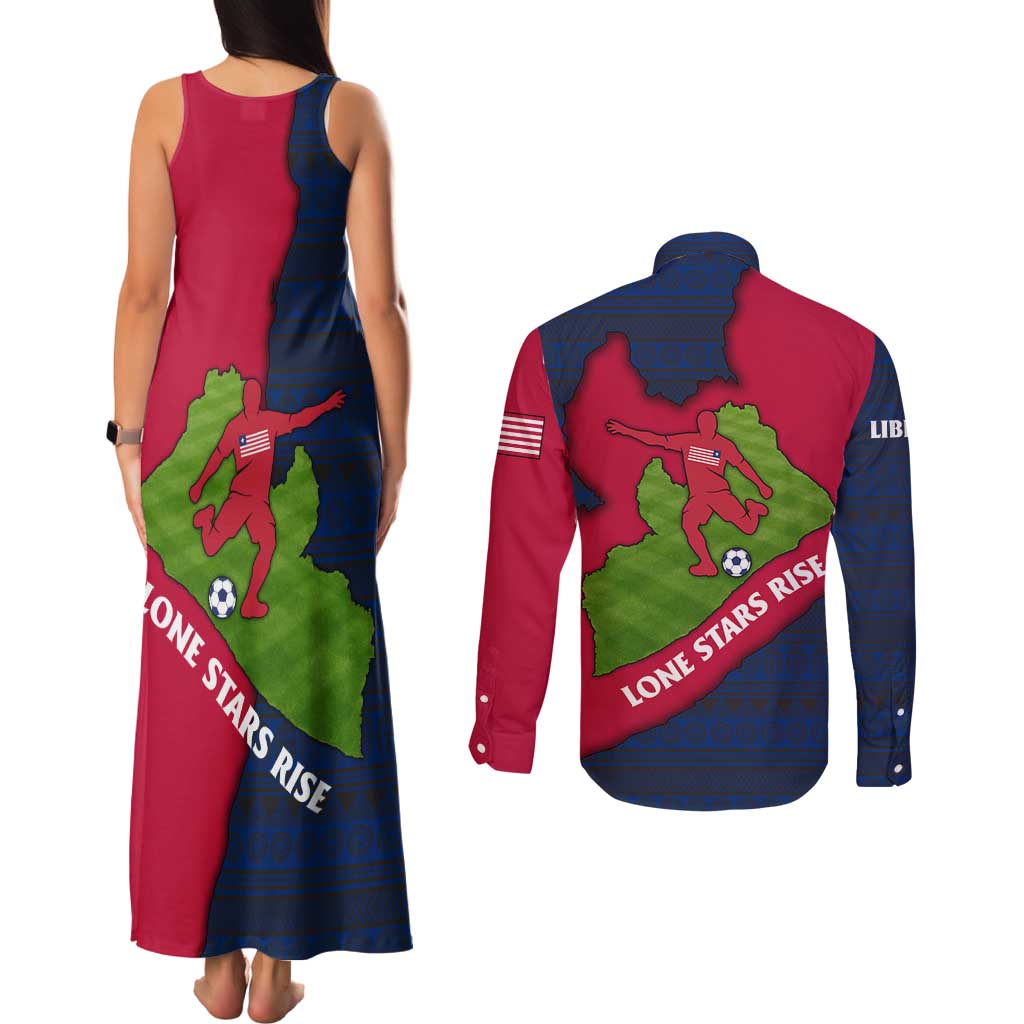 Liberia Lone Stars Rise Football Couples Matching Tank Maxi Dress and Long Sleeve Button Shirt with Map Graphic and National Flag Design