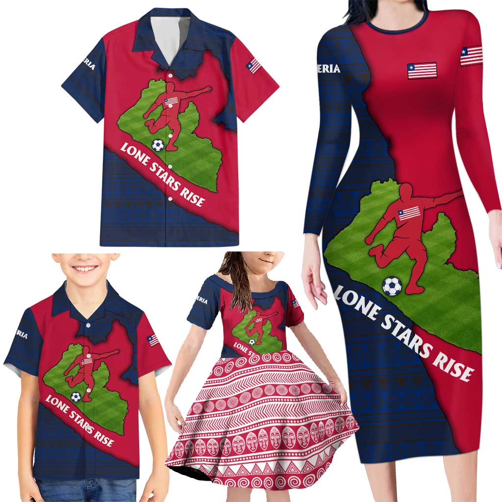 Liberia Lone Stars Rise Football Family Matching Long Sleeve Bodycon Dress and Hawaiian Shirt with Map Graphic and National Flag Design