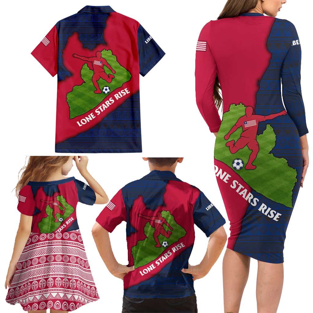 Liberia Lone Stars Rise Football Family Matching Long Sleeve Bodycon Dress and Hawaiian Shirt with Map Graphic and National Flag Design
